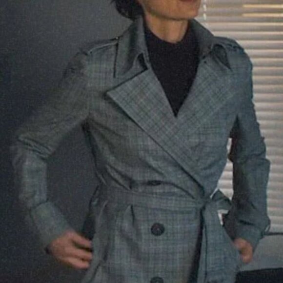 Elie Tahari Trench Coat Womens XL Gray Plaid Double Breasted Belted Jacket - Picture 7 of 10